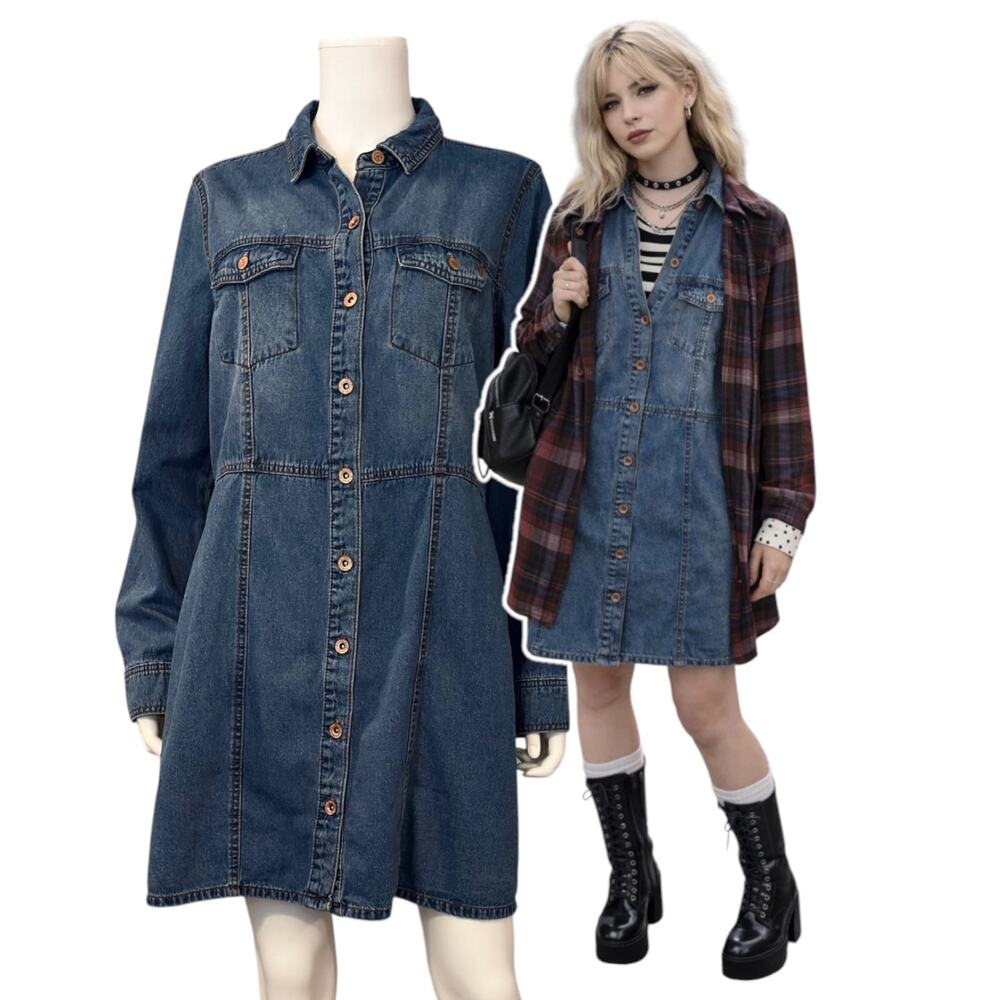FRYE Denim Shirt Dress Womens Large Button Front Cotton Western Americana